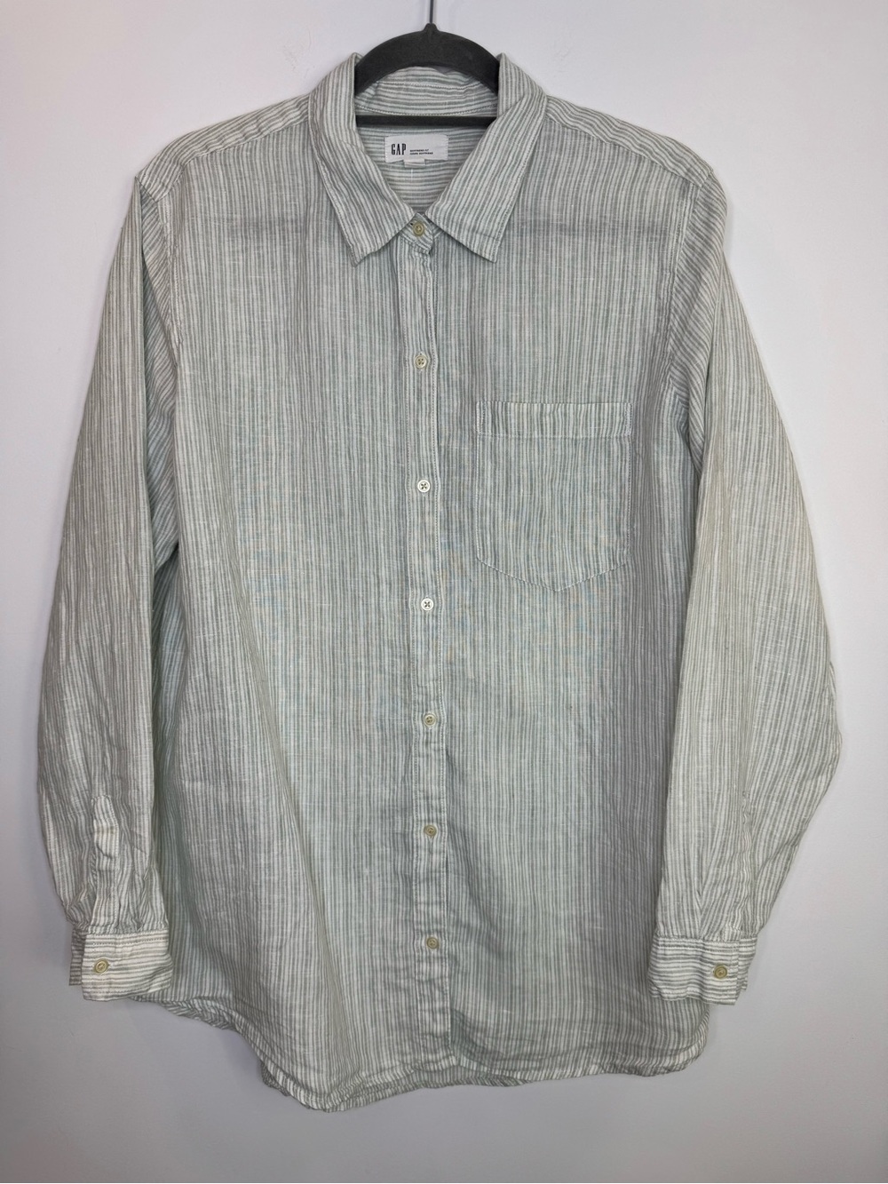GAP Light Green Stripe Button-Down Shirt linen blend size large boyfriend fit